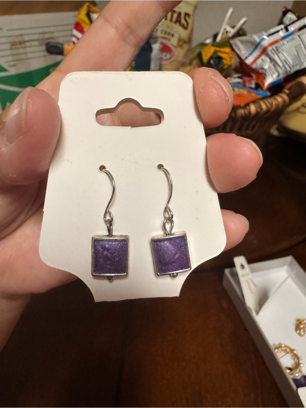 square purple dangle earrings feature sterling silver bezel settings